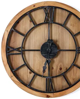 Stylové a designové hodiny Estila Industriální stylové kulaté nástěnné hodiny Kingscross na masivní dřevěné desce 60cm