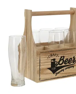 Sklenice Dřevěná přepravka na pivní sklenice + 6 sklenic Bistro