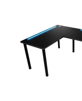 Herní stoly Expedo Počítačový rohový stůl LOOK N s LED, 200/135x73-76x65, bílá/černé nohy, pravý
