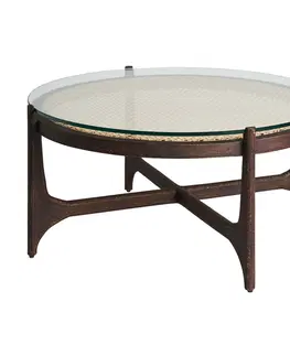 Designové a luxusní konferenční stolky Estila Luxusní moderní kulatý konferenční stolek Nossen v hnědé barvě ze dřeva, skla a ratanu 92cm