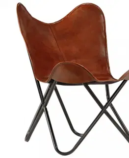 Dětské stoly a židle Dětské křeslo BUTTERFLY pravá kůže / ocel Dekorhome Hnědá