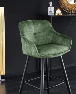 Luxusní barový nábytek Estila Moderní industriální barová židle Rufus s olivově zeleným sametovým čalouněním a černou konstrukcí z kovu 100cm