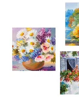Sestavy obrazů Set obrazů malované květiny ve váze s přírodou