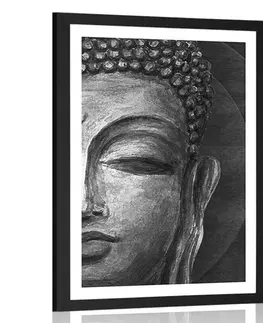 Feng Shui Plakát s paspartou tvář Buddhy v černobílém provedení