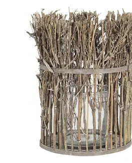 Zahradní lampy Lucerna se skleněným válcem z bambusových stonků s listy – Ø 21*28 cm Clayre & Eef 6RO0488