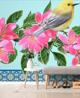 Vintage a retro tapety Tapeta vtáčiky a kvety vo vintage prevedení