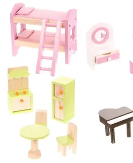 Hračky Dřevěný domeček v růžové barvě s panenkami