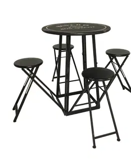 Luxusní barový nábytek Estila Kulatý barový industriální stůl se čtyřmi židlemi Stanley v černém kovovém provedení se starožitným efektem 163cm