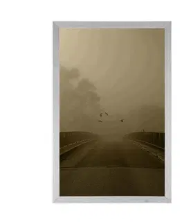 Černobílé Plakát přelet ptactva nad mostem v sépiovém provedení