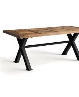 Designové a luxusní jídelní stoly Estila Luxusní obdélníkový industriální jídelní stůl Inar s přírodní hnědou dřevěnou deskou a překříženými nožičkami 200 cm