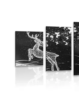 Černobílé obrazy 5-dílný obraz nádherný jelen s motýly v černobílém provedení
