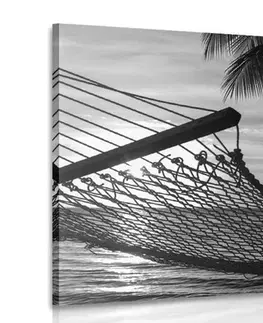 Černobílé obrazy Obraz houpací síť na pláži v černobílém provedení