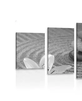 Černobílé obrazy 5-dílný obraz Zen zahrada a kameny v písku v černobílém provedení