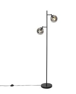 Stojaci lampy Stojací lampa ve stylu Art Deco černá s kouřovým sklem 2-světlo - Pallon