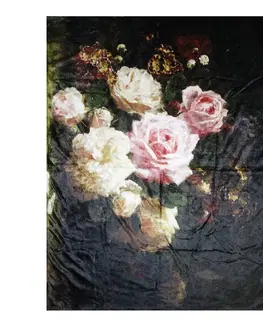 Deky Černý plyšový pléd /přehoz s květy Vintage  - 130*170 cm Clayre & Eef KT060.099