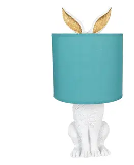 Lampy Bílá stolní lampa králík s tyrkysovým stínidlem Rabbi - Ø 20*43 cm E27/max 1*60W Clayre & Eef 6LMC0013WGR