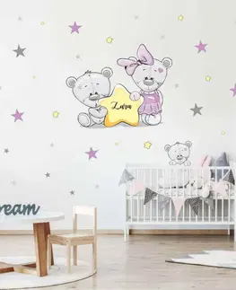 Samolepky na zeď Dětské samolepky na zeď - Fialoví medvídci s hvězdami a jménem