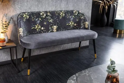 Stylové a luxusní lavice Estila Moderní art-deco čalouněná lavice Floreque do předsíně s šedým sametovým potahem s florálním motivem 130cm