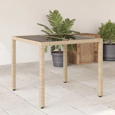 Zahradní stolky Zahradní stůl se skleněnou deskou béžový 90x90x75 cm polyratan