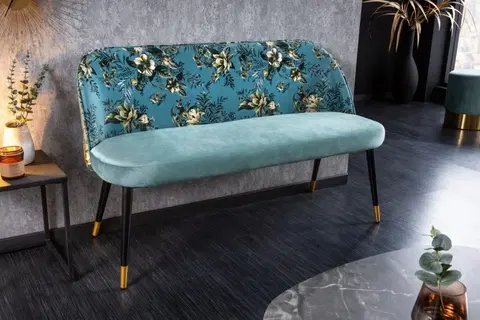 Stylové a luxusní lavice Estila Moderní art-deco lavice Floreque do předsíně s tyrkysovým sametovým čalouněním s florálním motivem 130cm
