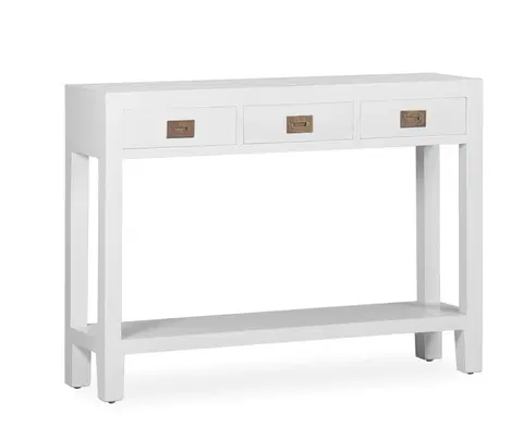 Designové a luxusní konzolové stolky Estila Klasický konzolový stolek Blanc z masivního dřeva mindi s bílou povrchovou úpravou a se třemi zásuvkami 110cm