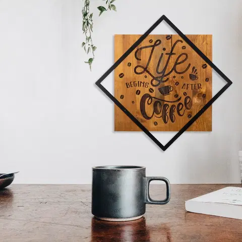 Nástěnné dekorace Nástěnná dekorace dřevo LIFE BEGINS AFTER COFFEE 54 x 54 cm
