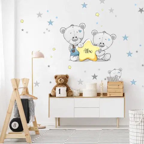 Samolepky na zeď Samolepky do dětského pokoje - Medvídci s hvězdičkou a se jménem v modré barvě