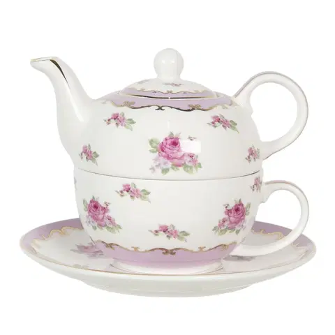 Džbány Porcelánová čajová konvička s šálkem a podšálkem Des Roses – 0,4 l Clayre & Eef 6CE1130