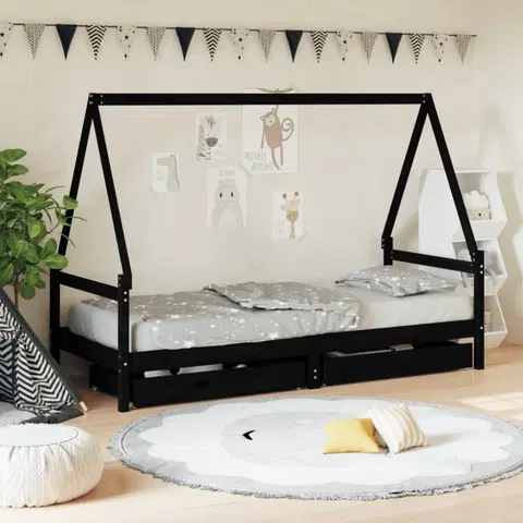 Dětské pokoje Dětská postel se zásuvkami černá 90x200 cm masivní borové dřevo