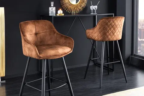Luxusní barový nábytek Estila Stylová glamour barová židle Rufus s měděným hnědým čalouněním a černou konstrukcí z kovu 100cm