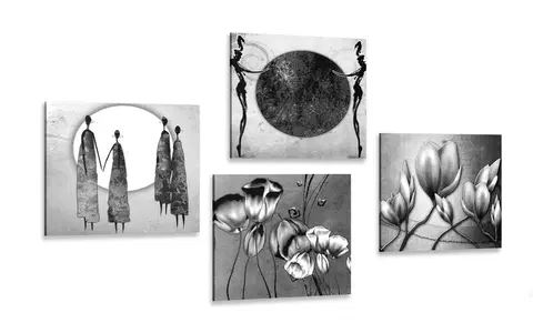 Sestavy obrazů Set obrazů v černobílém etno provedení