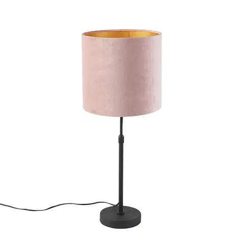 Stolni lampy Stolní lampa černá s velurovým odstínem růžová se zlatem 25 cm - Parte