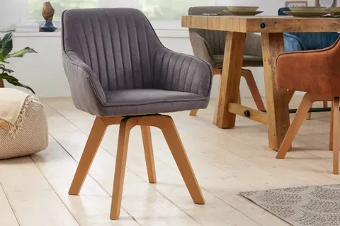 Luxusní jídelní židle Estila Moderní otočná jídelní židle Caballet s šedým potahem z mikrovlákna a masivními nohama 84cm