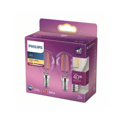 LED žárovky Philips Philips LED žárovka E14 4,3W P45 Filament 2700K 2k