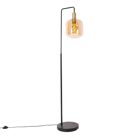 Stojaci lampy Designová stojací lampa černá s mosazí a jantarovým sklem - Zuzanna