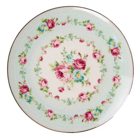 Talíře Zelený porcelánový dezertní talíř s květy - Ø 21*2 cm Clayre & Eef 6CEDP0128