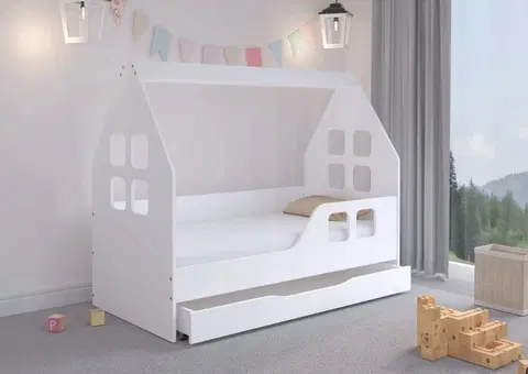 Dětské postele Okouzlující dětská postel su šuplíkem 140 x 70 cm bílé barvy ve tvaru domečku