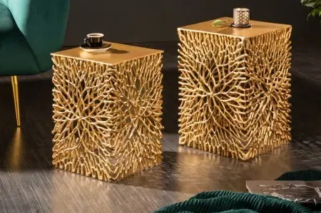 Luxusní a designové příruční stolky Estila Art-deco stylový set dvou čtverečních příručních stolků Hoja ve zlaté barvě