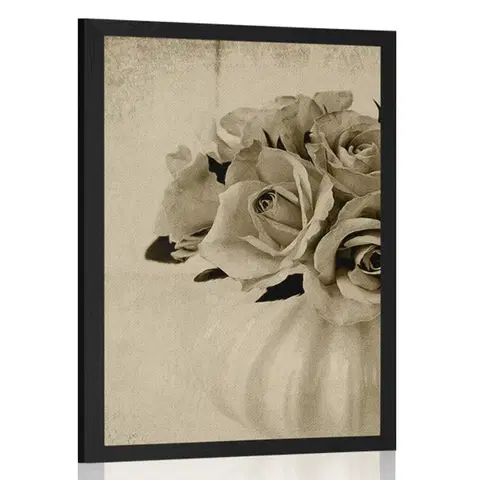 Černobílé Plakát růže ve váze v sépiovém provedení