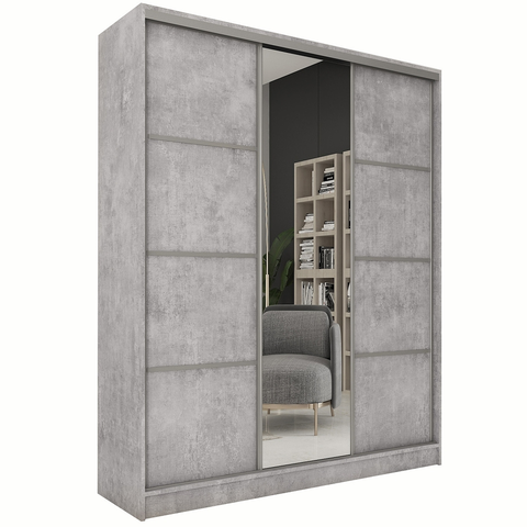 Šatní skříně Šatní skříň LITOLARIS 150 se zrcadlem, 4 šuplíky a 2 šatními tyčemi, beton