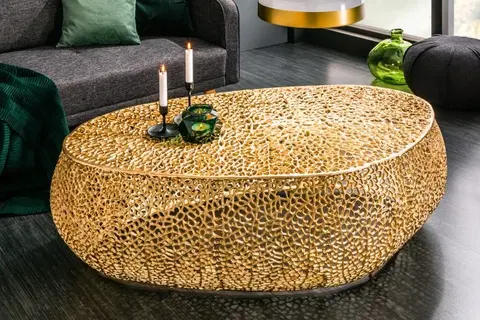 Designové a luxusní konferenční stolky Estila Designový oválný kovový konferenční stolek Hoja zlatý 120cm