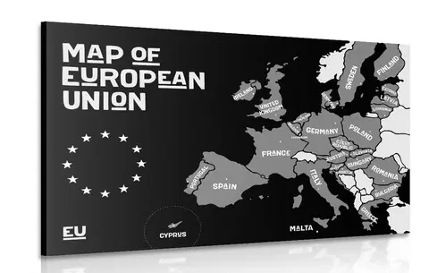 Obrazy mapy Obraz naučná mapa s názvy zemí evropské unie v černobílém provedení