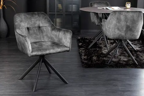 Luxusní jídelní židle Estila Designová otočná kancelářská židle Devon s tmavě šedým čalouněním a černým šikmýma nohama z kovu 83cm