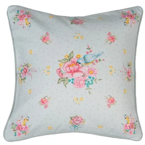 Dekorační polštáře Zelený bavlněný povlak na polštář s květy a ptáčkem Cheerful Birdie - 40*40 cm Clayre & Eef HB21