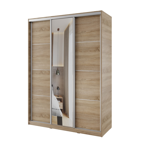 Šatní skříně Šatní skříň NEJBY BARNABA 150 cm s posuvnými dveřmi, zrcadlem,4 šuplíky, 2 šatními tyčemi,dub sonoma