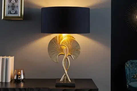 Designové a luxusní noční lampy do ložnice Estila Art deco stolní lampa Miserei se zlatou konstrukcí ve tvaru listů ginka a černým kulatým stínítkem 62cm