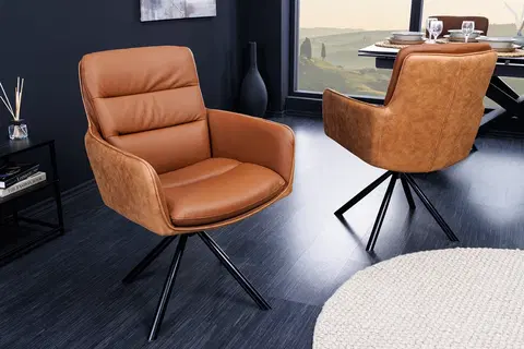 Luxusní jídelní židle Estila Moderní industriální židle Coiro s koženým čalouněním a kovovými nožičkami koňaková hnědá 90 cm