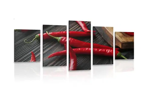 Obrazy jídla a nápoje 5-dílný obraz deska s chili papričkami
