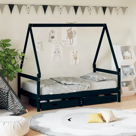 Dětské pokoje Dětská postel se zásuvkami černá 80x160 cm masivní borové dřevo