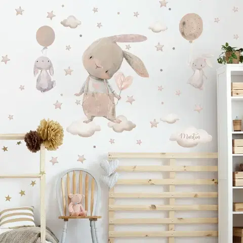 Samolepky na zeď Samolepky pro děti - Zajíci s hvězdičkami, balony a jménem